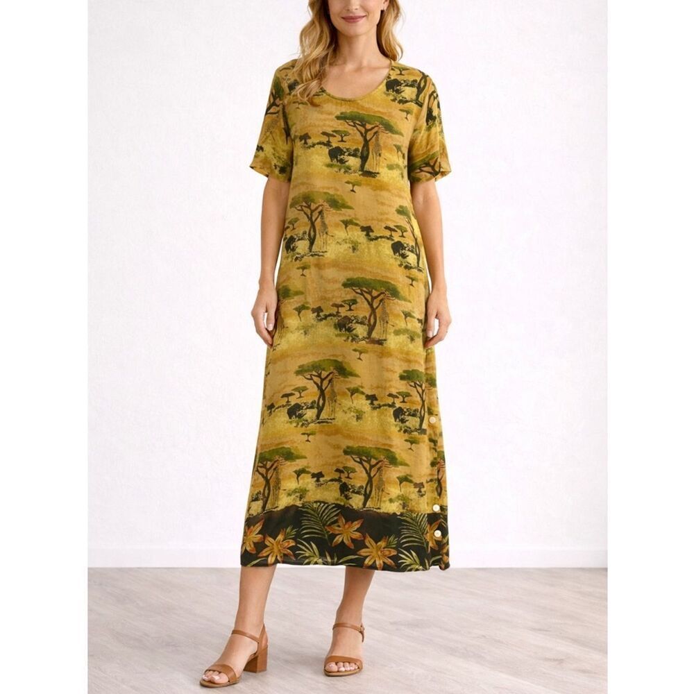 La Cera Safari Animal Print Rayon Midi Dress Side Buttons Tropical Sz L Vintage